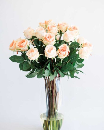 LIGHT PINK ROSES IN GLASS VASE